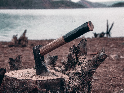 A hatchet buried in a stump
